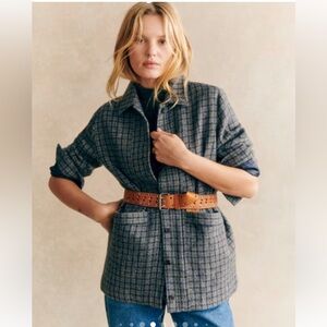 NWT, Sezane Will Jacket, Blue & Gray Plaid Button-Up Jacket. 100% Wool, SZ 12-14